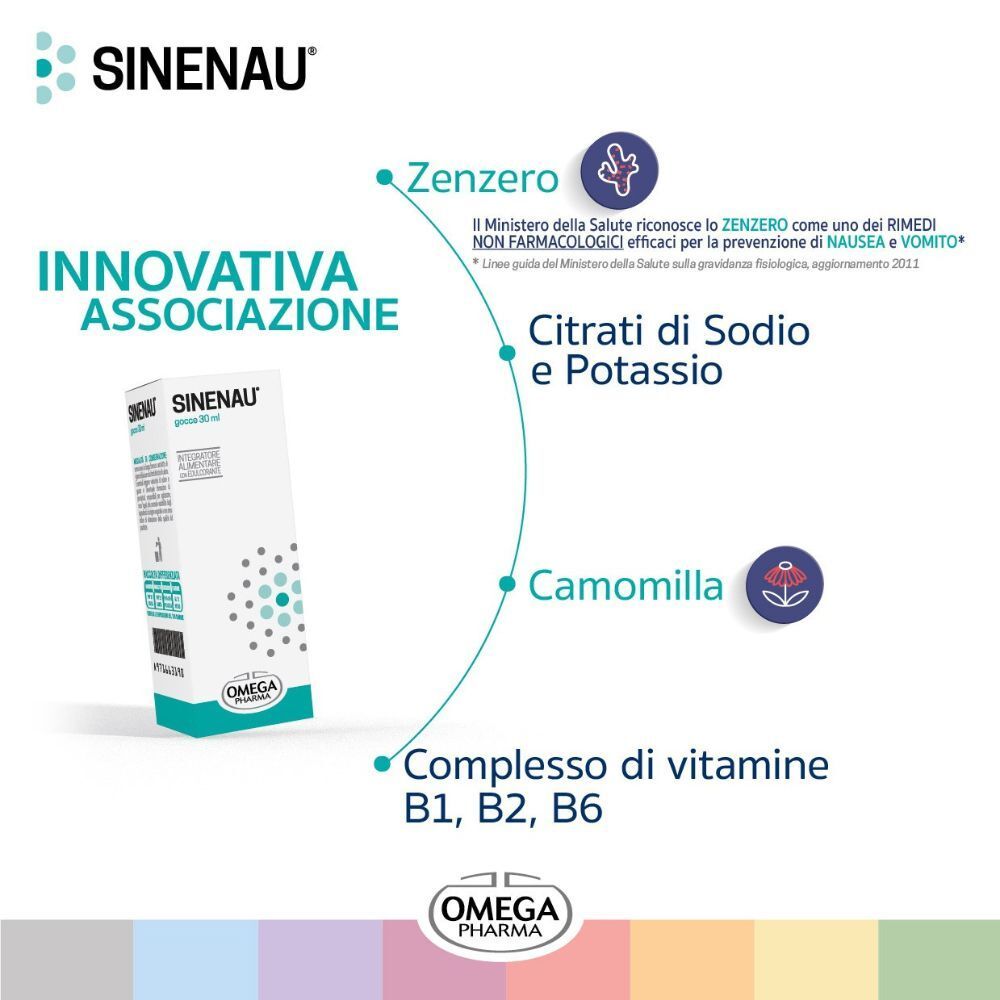 SINENAU®: Associazione innovativa con zenzero, citrati, camomilla e vitamine B1, B2, B6.