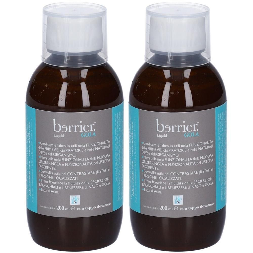 Due flaconi di Berrier Gola Liquid, 200 ml ciascuno, con misurino.