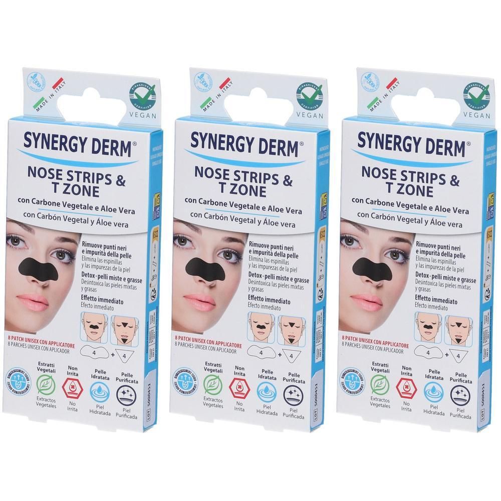 Tre confezioni di Synergy Derm Nose Strips & T Zone con carbone e aloe vera. Per la pulizia della zona T.