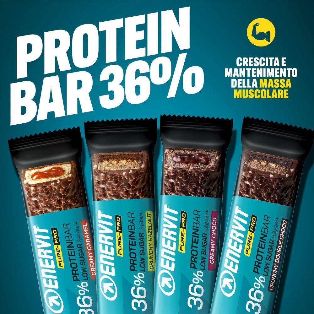 Quattro barrette proteiche ENERVIT 36% in gusti diversi.