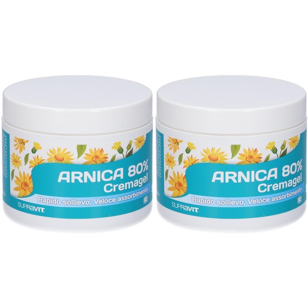 Due vasetti di Arnica 80% Cremagel con fiori gialli e fascia blu. Marca: Supravit.