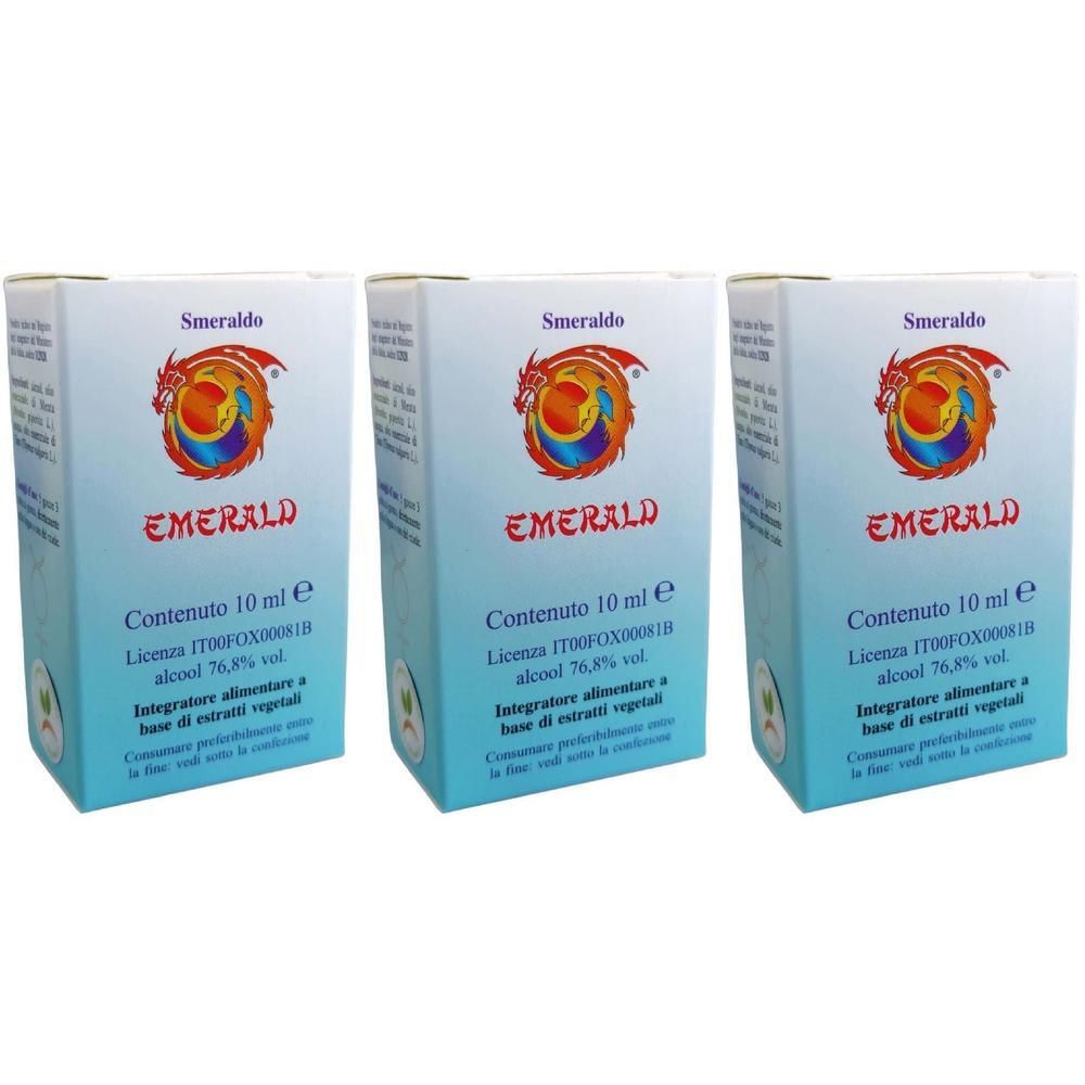 Tre confezioni Emerald 10 ml, con logo del drago e informazioni sul prodotto.