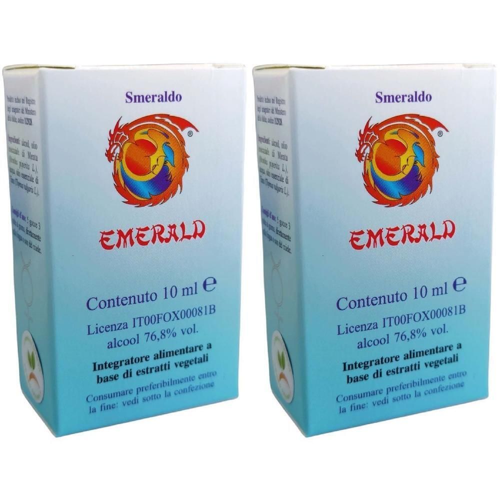 Due scatole di gocce "Emerald", contenuto 10 ml, con logo di drago.