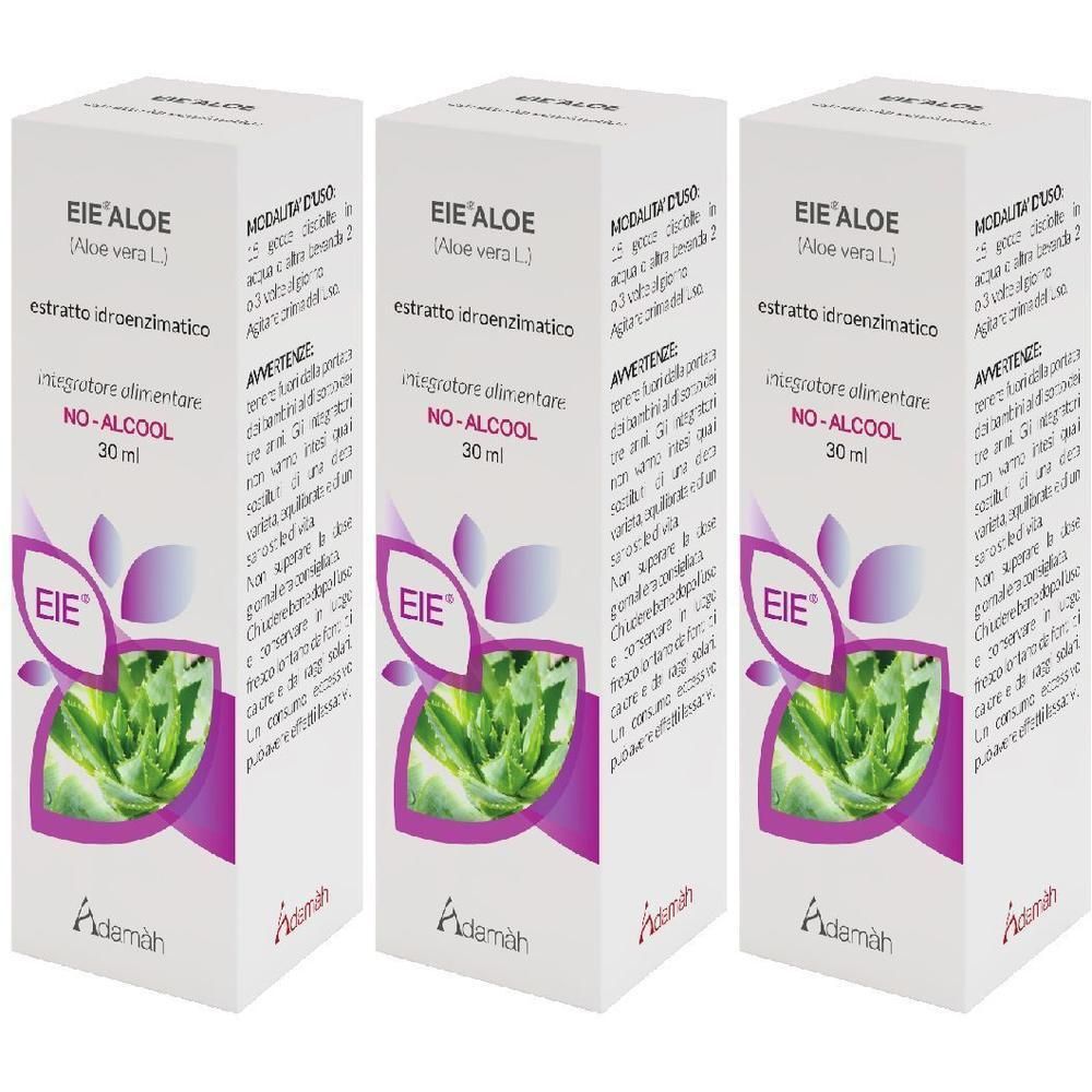 Tre confezioni di EIE Aloe Vera Gocce, 30 ml, senza alcol. Con motivo a foglie di aloe.