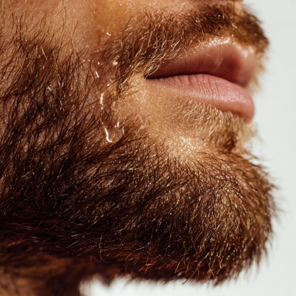 Primo piano di una barba con piccole gocce d'olio sui peli.