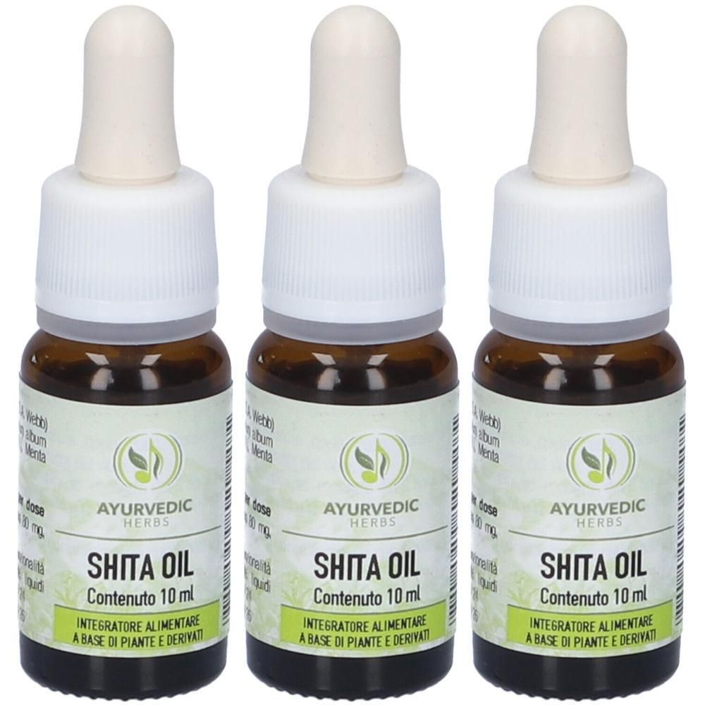 Tre piccole bottiglie di vetro marrone con contagocce, contenenti Shita Oil, 10 ml.