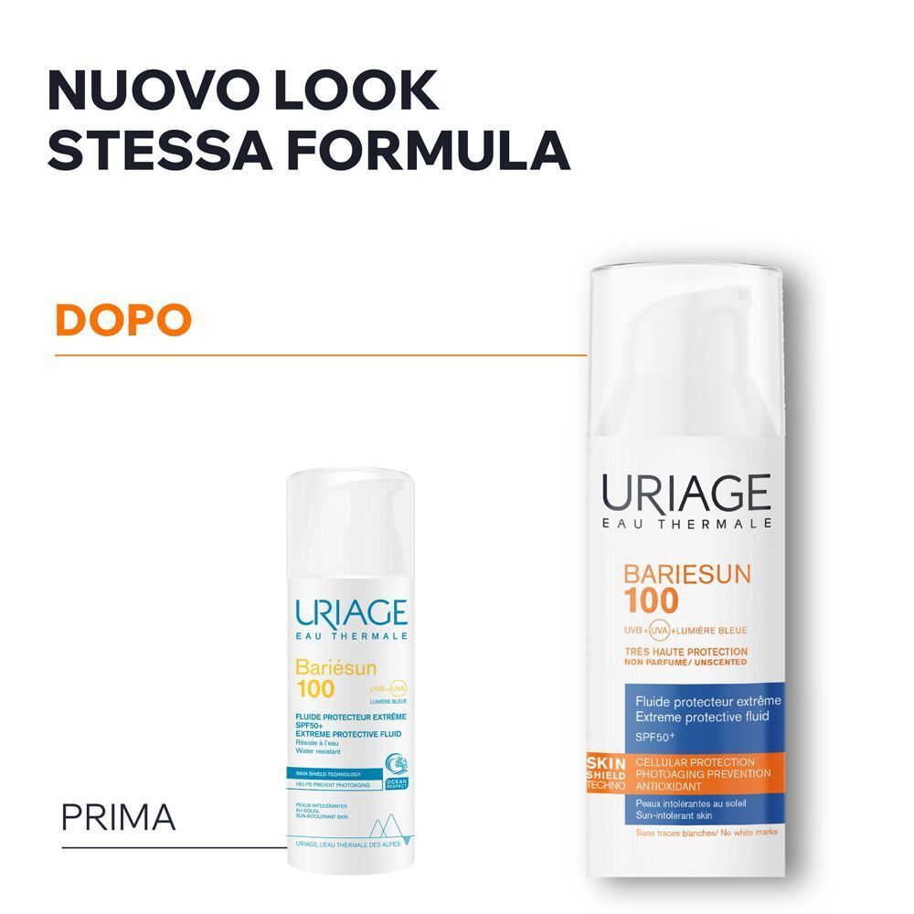 Confronto tra vecchio e nuovo look di URIAGE BARIESUN 100 Fluido SPF50+. Stessa formula.