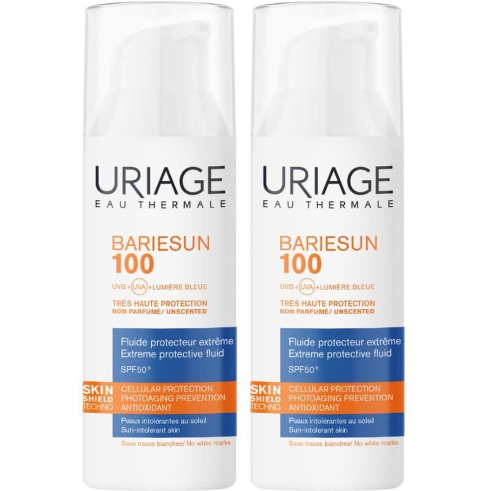 Due flaconi URIAGE BARIESUN 100 Fluido SPF50+ con dispenser a pompa.