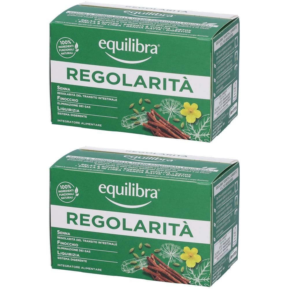Due confezioni Equilibra Regolarità. Scatole verdi con informazioni sul prodotto e illustrazioni di senna, finocchio e liquirizia.