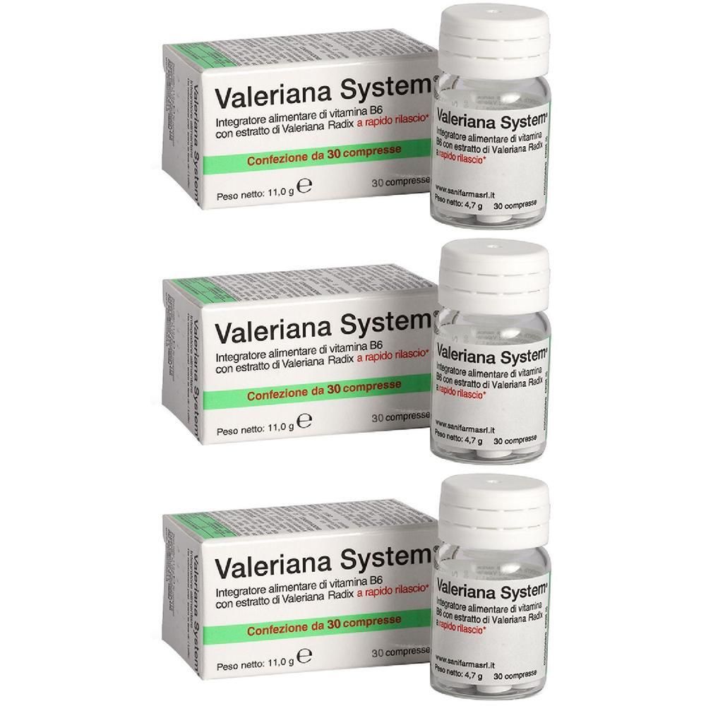 Tre confezioni di Valeriana System® Compresse, 30 compresse per confezione. Scatola in cartone e flaconcino in vetro.