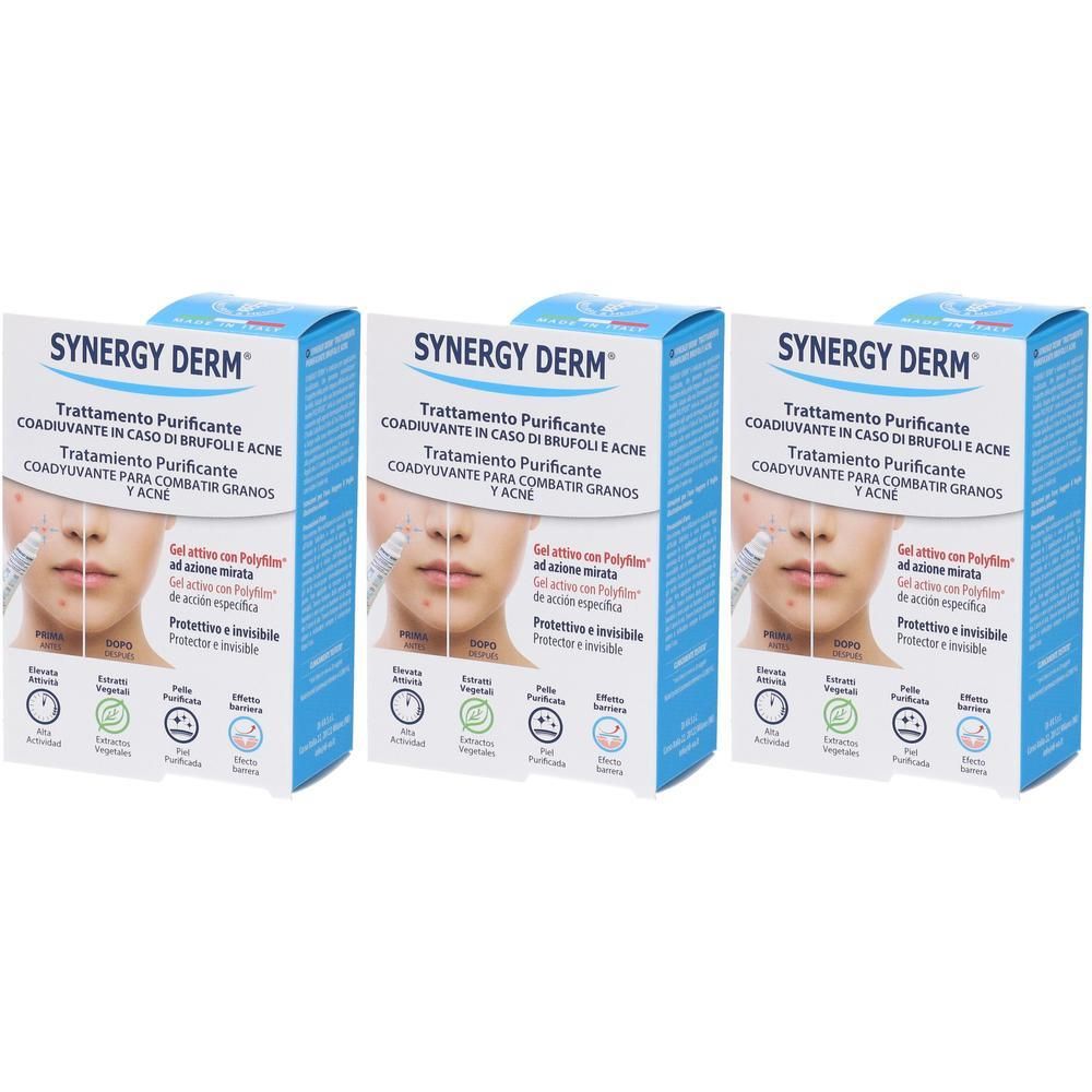 Tre confezioni di Synergy Derm Trattamento Purificante Brufoli e Acne. Mostra una giovane donna con imperfezioni cutanee.
