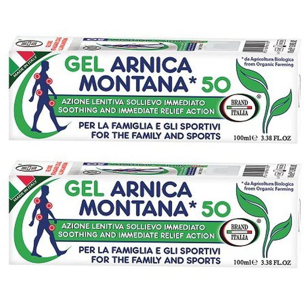 Tubo Gel Arnica Montana 50% con illustrazione uomo e punti di dolore. "Made in Italy" e marchio biologico.