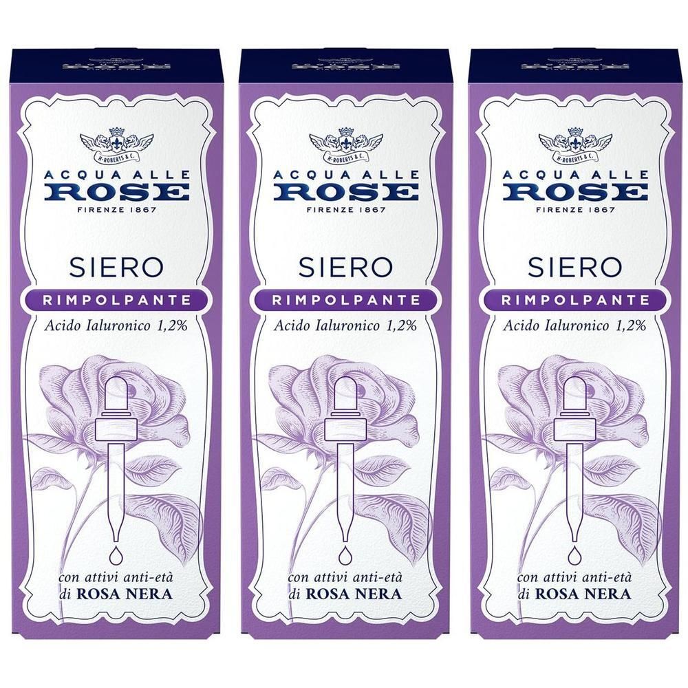 Tre confezioni di Acqua alle Rose Siero Rimpolpante con contagocce e illustrazione di rosa.