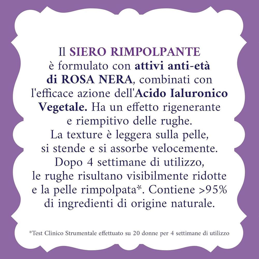Testo sulle proprietà dell'Acqua alle Rose Siero Rimpolpante con acido ialuronico.