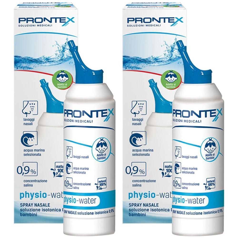 Due flaconi di spray nasale PRONTEX Physio-Water per bambini, soluzione salina isotonica.