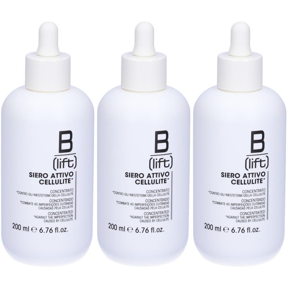 Tre flaconi bianchi con contagocce, da 200 ml ciascuno. Testo: B (lift) Siero Attivo Cellulite.