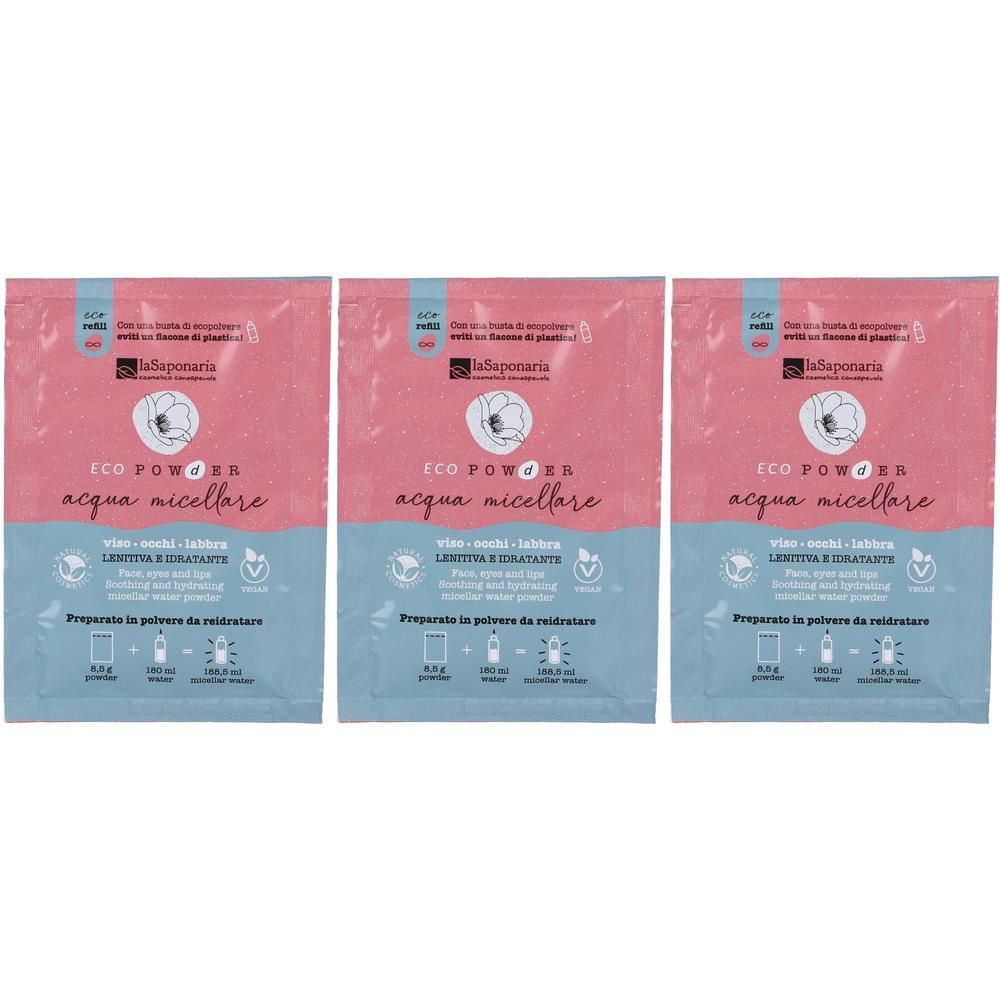 Tre bustine di polvere micellare La Saponaria Eco Powder da reidratare. Confezione rosa e blu con motivo floreale.