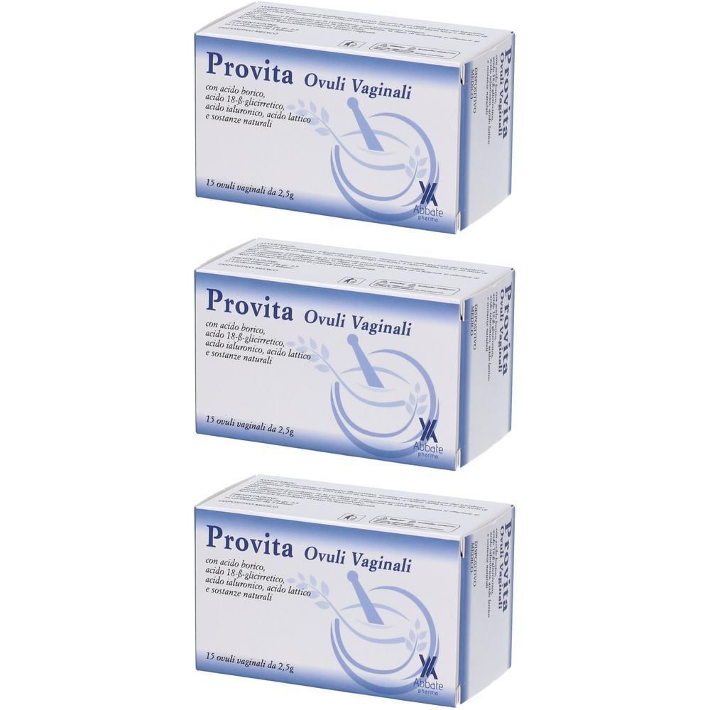 Tre scatole di Provita Ovuli Vaginali, bianche con scritte e simboli blu.
