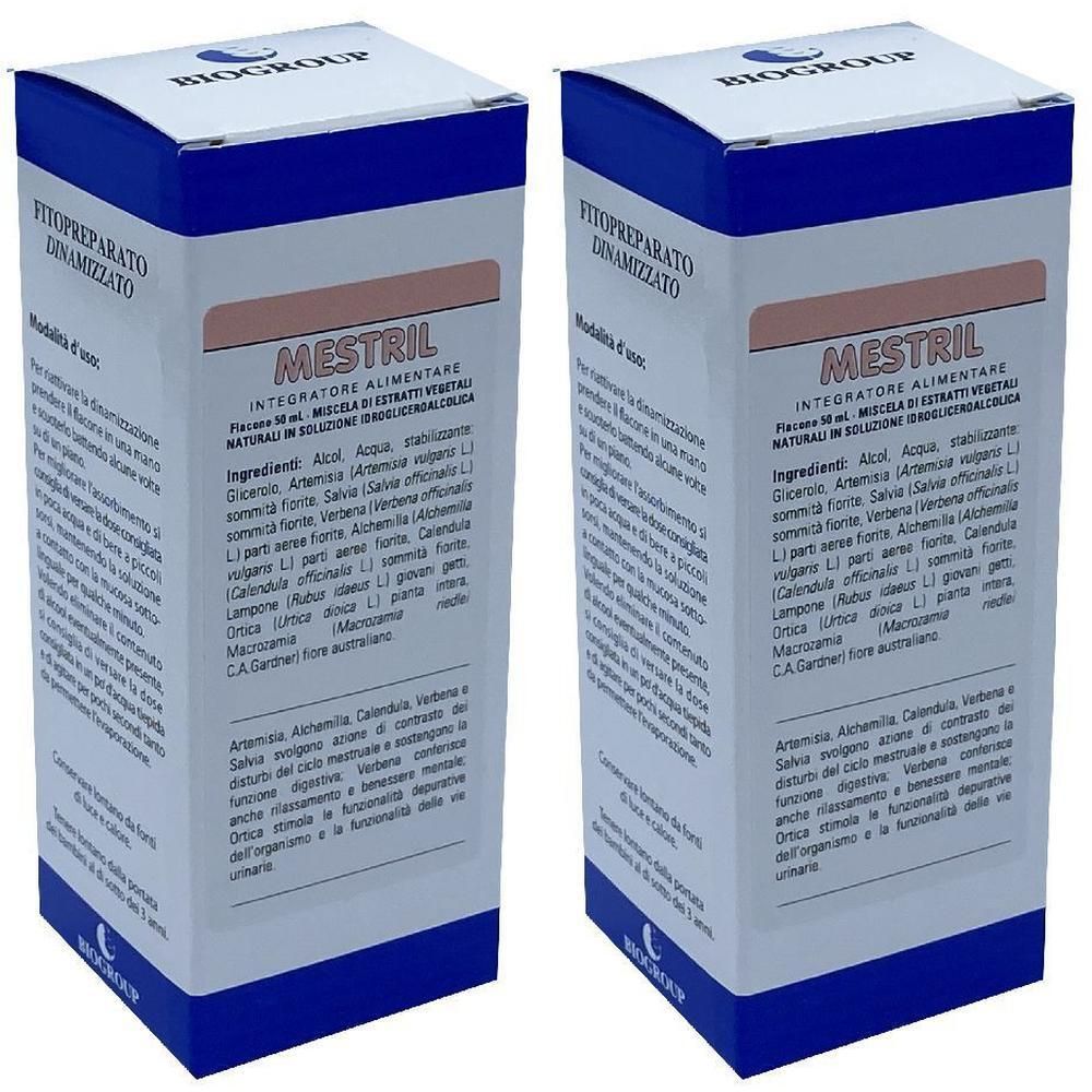 Due scatole del prodotto Mestril, un integratore alimentare in soluzione idroalcolica.