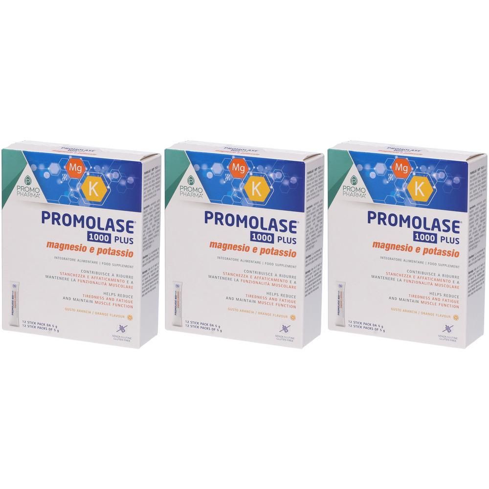 Tre confezioni di Promolase 1000 Plus Magnesio e Potassio, gusto arancia.