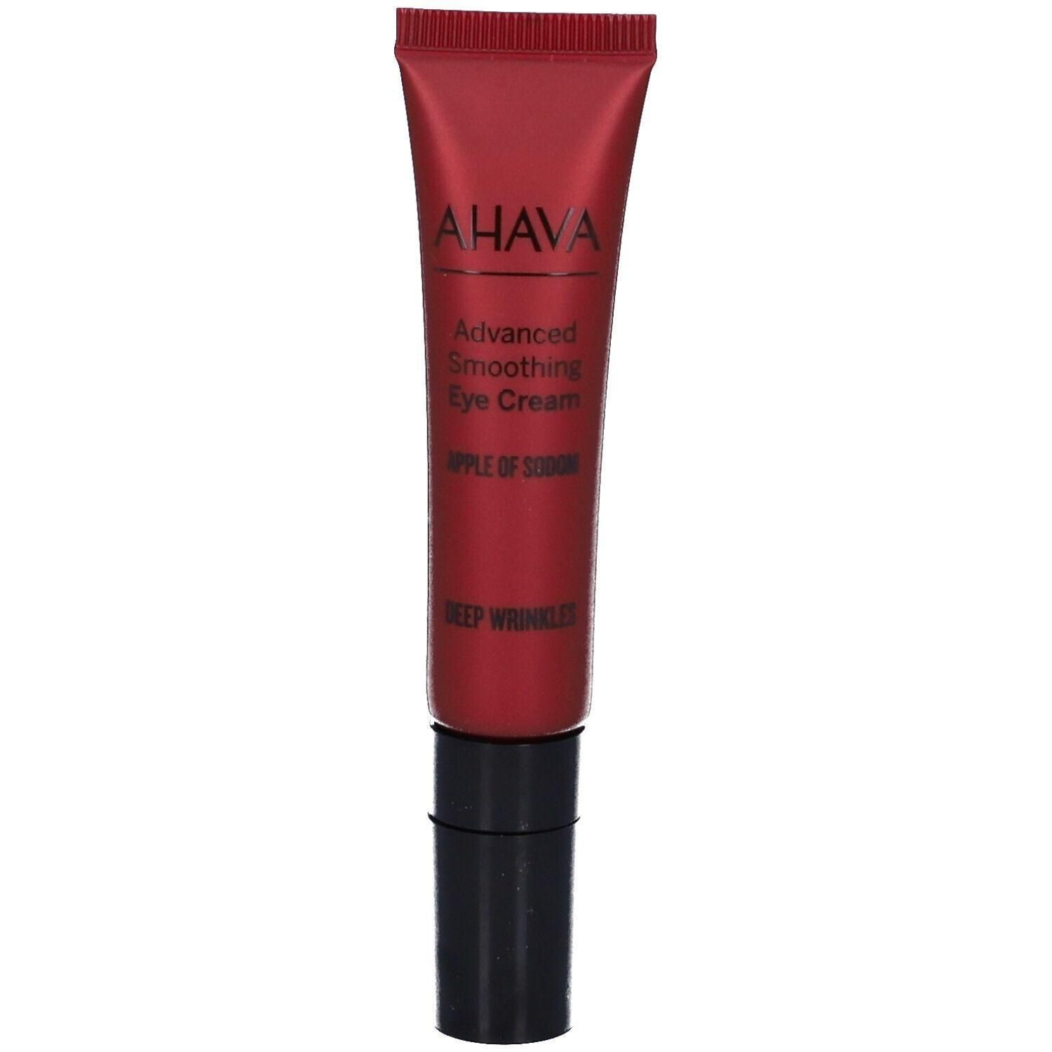 AHAVA Advanced Smoothing Eye Cream in tubetto rosso con tappo nero.