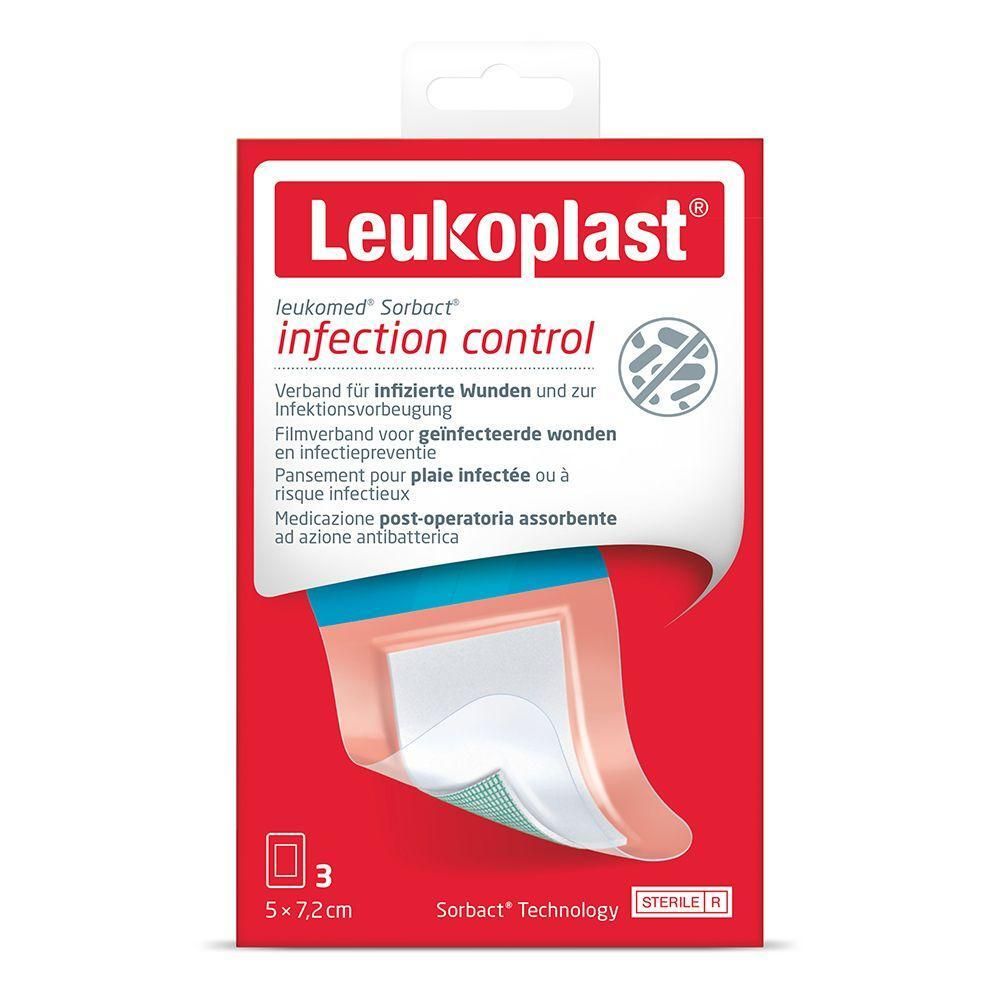 Confezione Leukoplast Leukomed Sorbact medicazione, 3 pezzi, 5x7,2cm. Medicazione antibatterica.