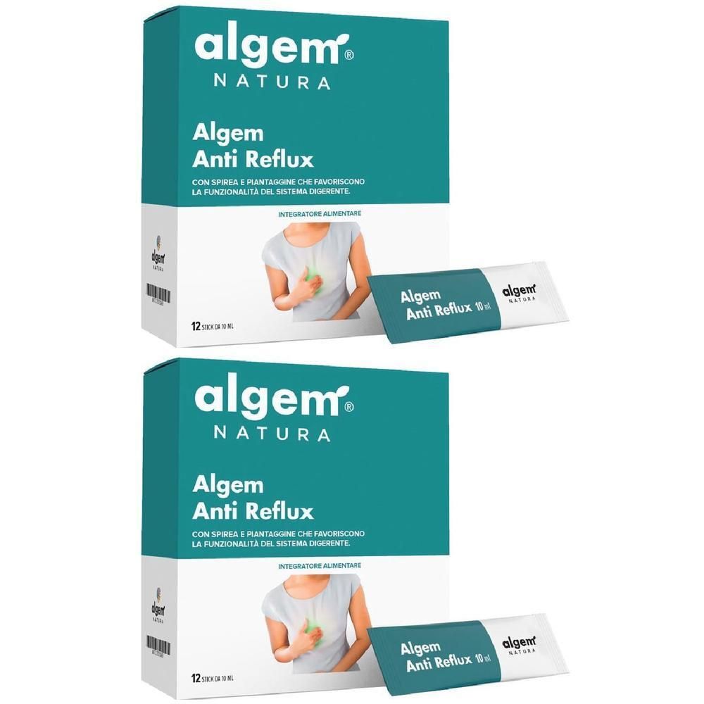 Due confezioni di bustine Algem Anti Reflux per soluzione orale. Ogni confezione contiene 12 bustine.