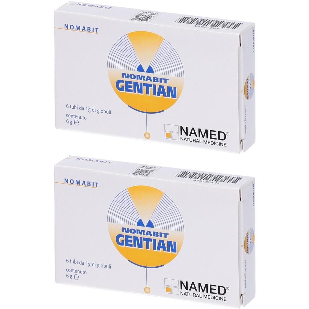 Due confezioni di Nomabit Gentian Globuli, ciascuna con 6 tubi da 1g. Peso netto 5g.
