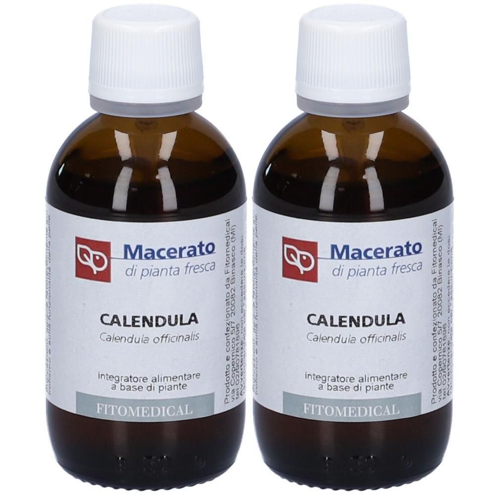 Due flaconi in vetro ambrato con tappo bianco, etichetta "Macerato di pianta fresca Calendula".