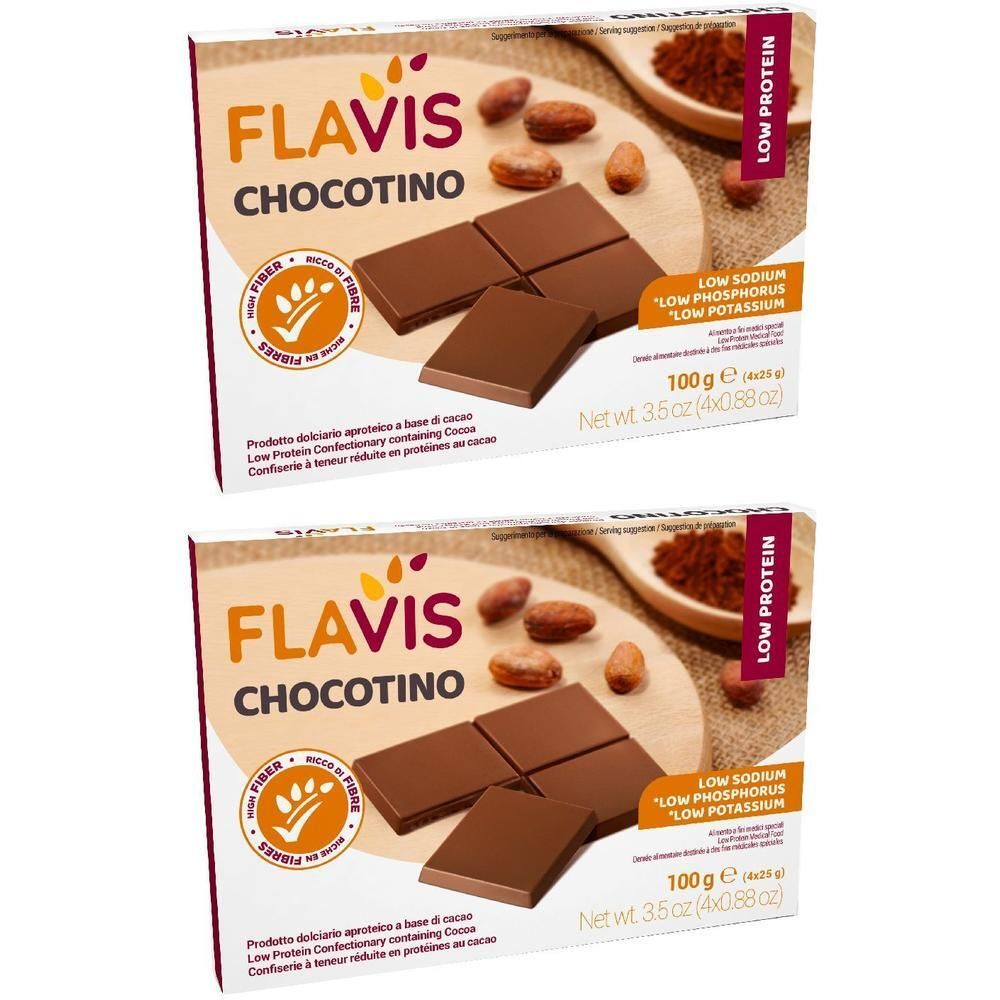 Due confezioni di FLAVIS Chocotino da 100g. Cioccolato con fave di cacao e cacao in polvere.