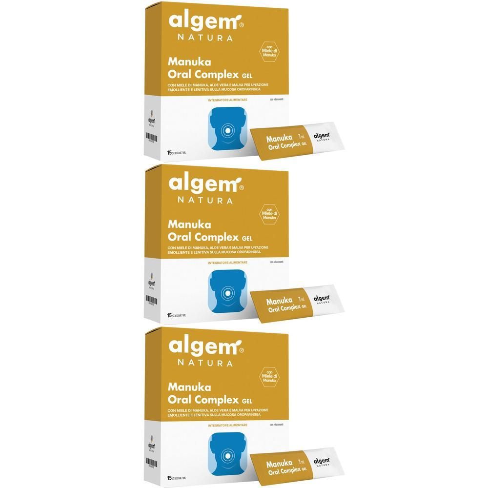 Tre confezioni di Algem Manuka Oral Complex Gel, ciascuna con 15 stick. Scatole gialle con informazioni sul prodotto.
