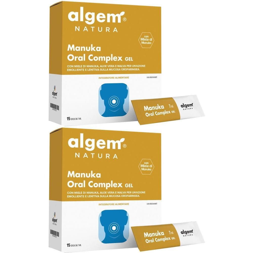 Due confezioni di Algem Manuka Oral Complex Gel, 15 stick per confezione. Scatole gialle con informazioni sul prodotto e stick singoli.