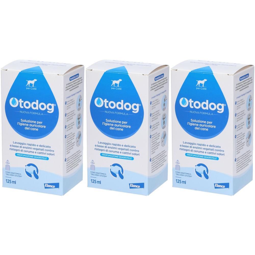 Tre confezioni "Otodog" detergente per orecchie per cani.