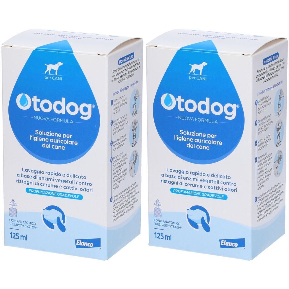 Due scatole Otodog con immagine di cane e informazioni sull'igiene delle orecchie per cani.