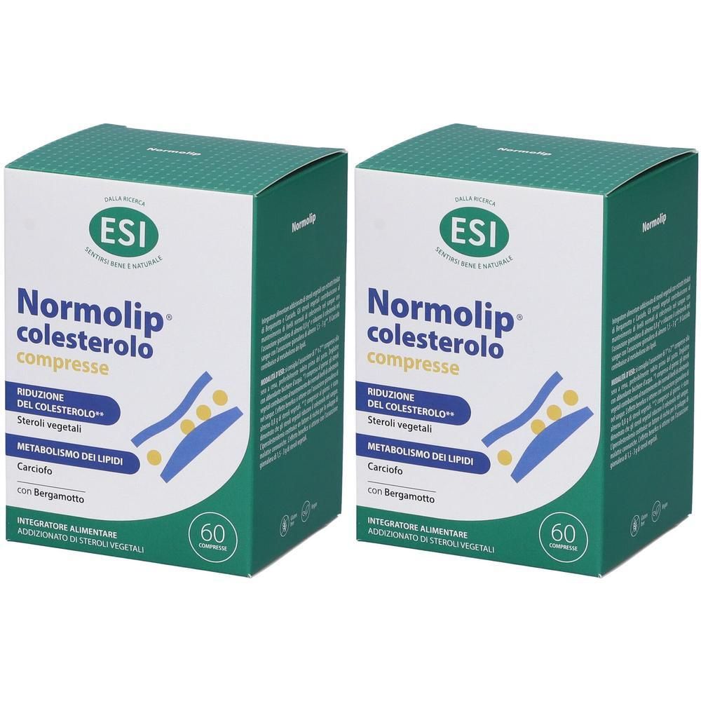 Due confezioni di ESI Normolip Colesterolo Compresse da 60 compresse. Scatola bianca e verde con informazioni sul prodotto.