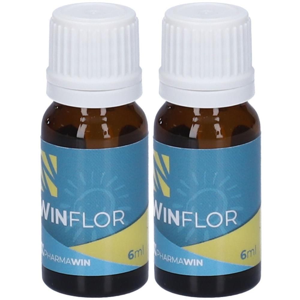 Due flaconi in vetro marrone con tappi a vite bianchi, etichette "WINFLOR" e "6ml".