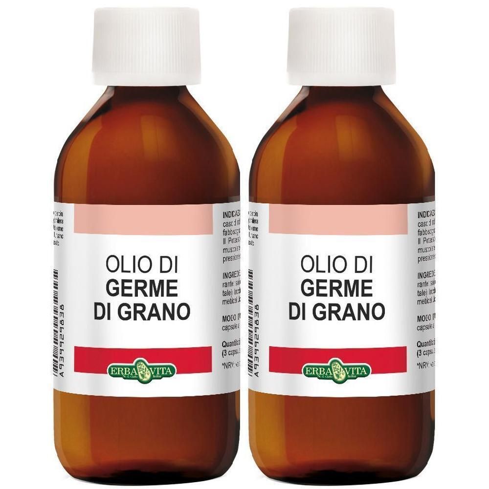 Due flaconi in vetro ambrato con tappo bianco, contenenti olio di germe di grano. L'etichetta riporta il nome del prodotto e il logo.