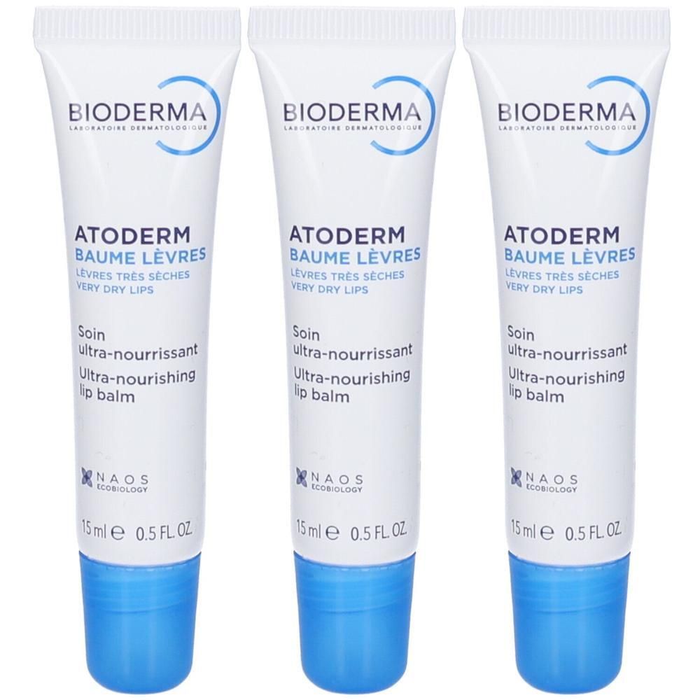 Tre tubetti di balsamo labbra Bioderma Atoderm, 15 ml.