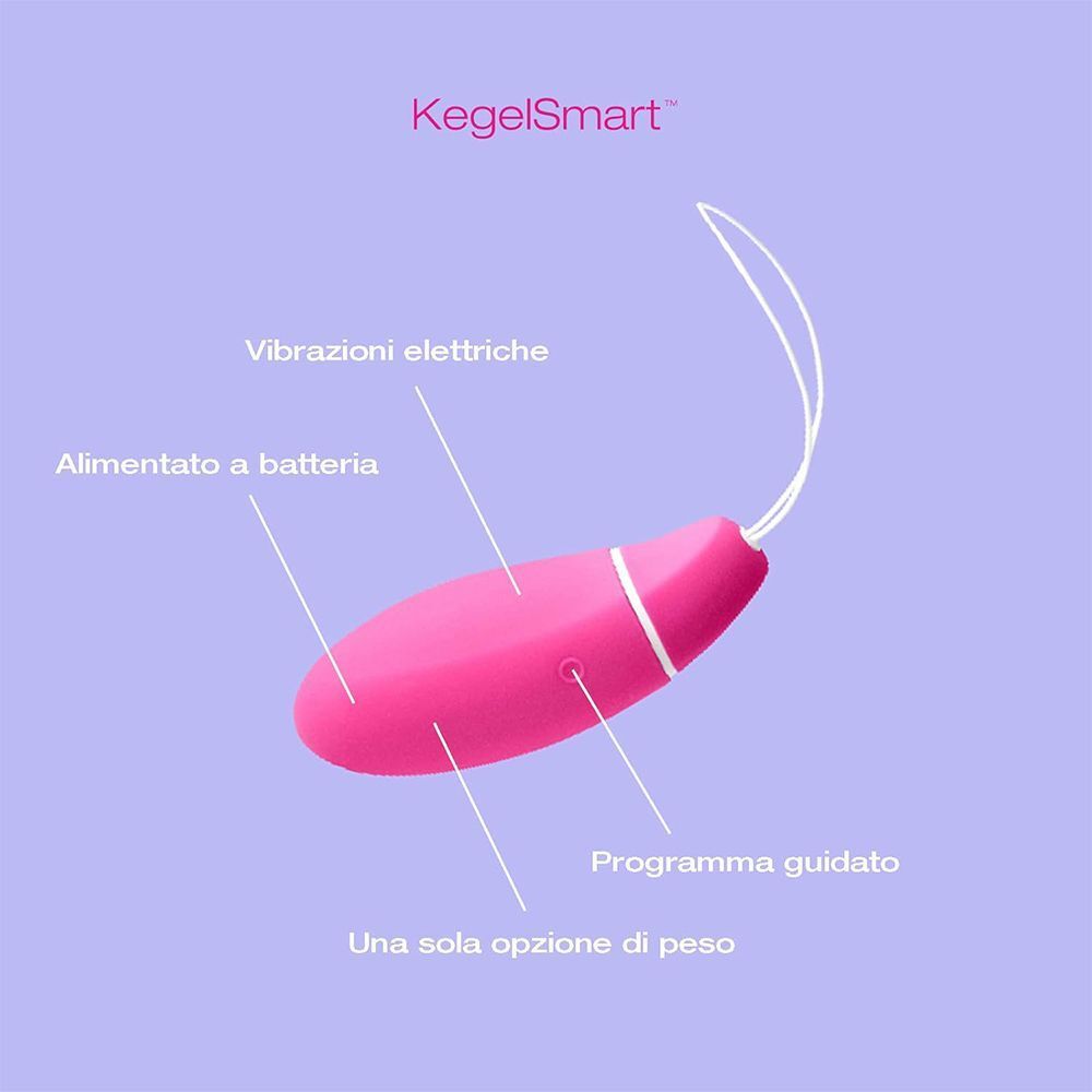 Allenatore Kegel rosa con etichette per vibrazioni e batteria.