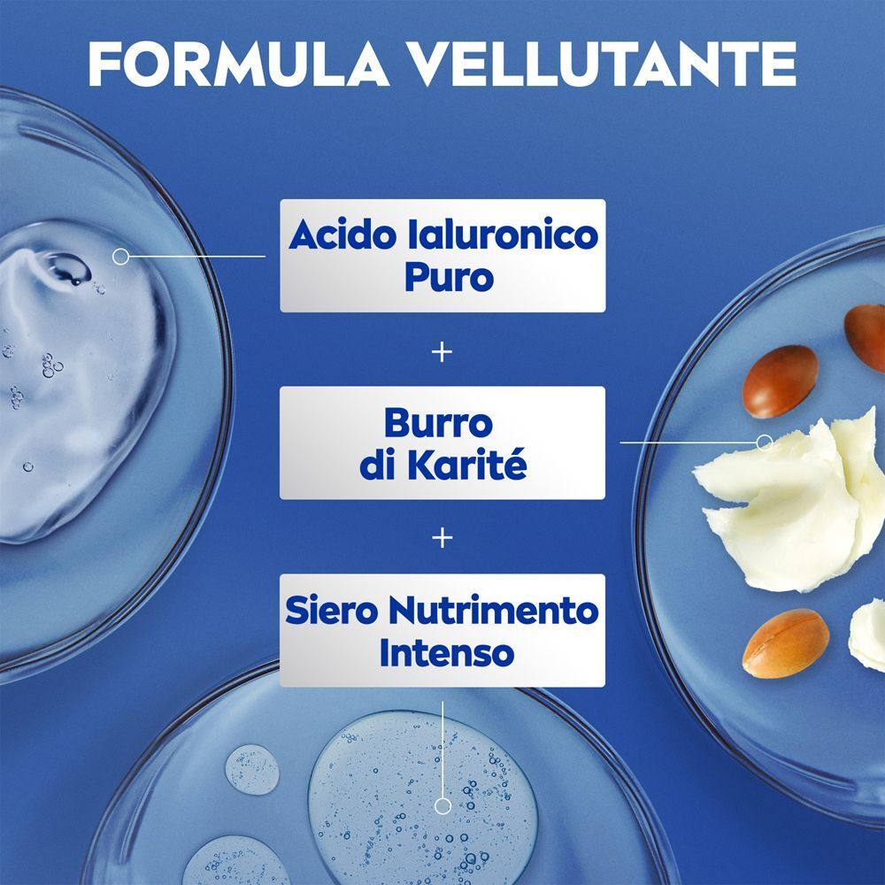 Ingredienti della crema corpo Nivea: acido ialuronico, burro di karité, siero nutriente.
