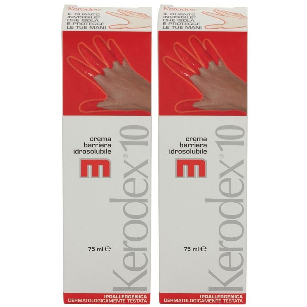 Due confezioni di crema mani Kerodex 10, 75 ml. Mostra una mano con uno strato protettivo rosso.