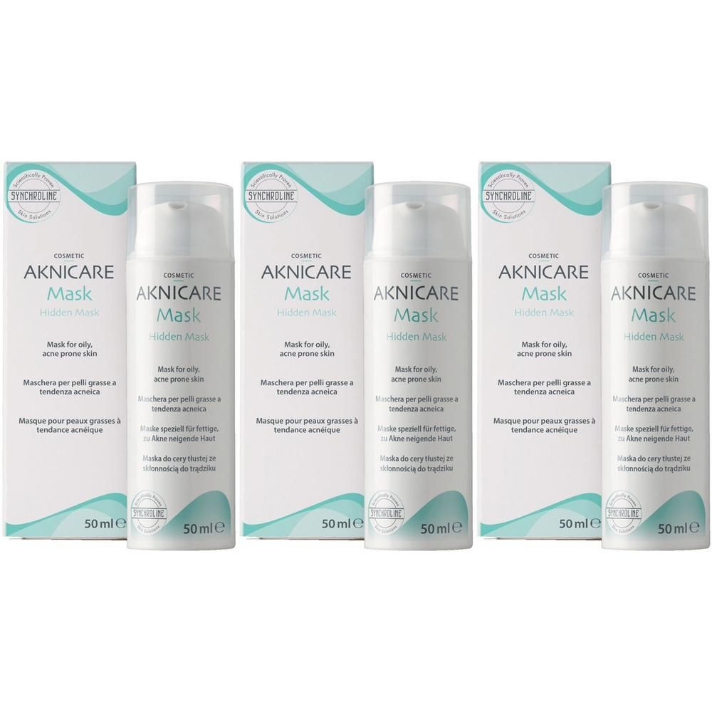 Quattro flaconi di maschera AKNICARE con dispenser a pompa e scatole, 50 ml ciascuno.