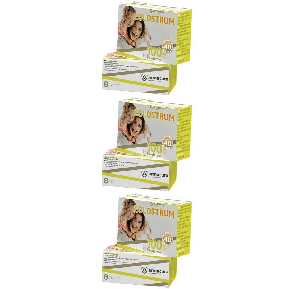 Tre confezioni di Armacura Colostro, 8 flaconcini ciascuna. Scatole gialle con immagine di madre e bambino.