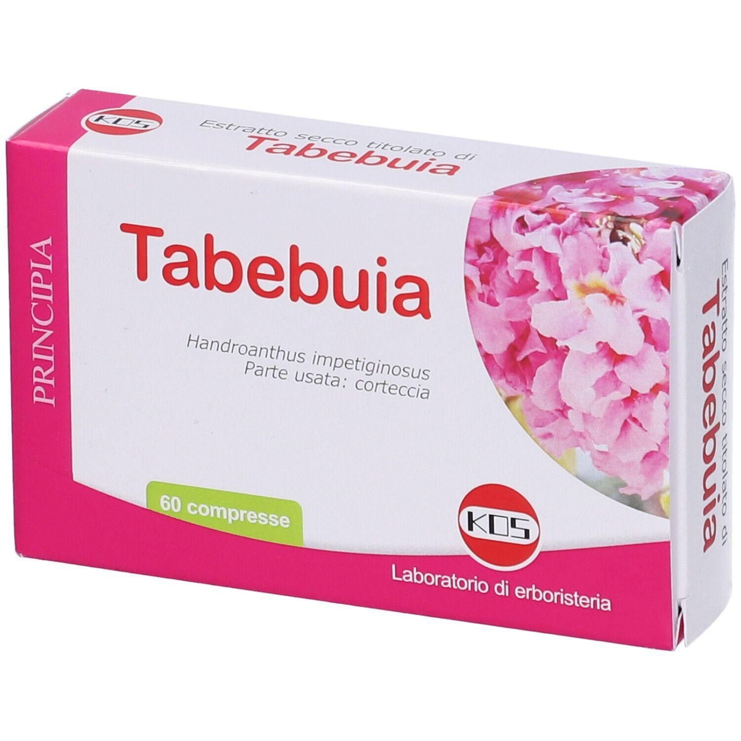 KOS Tabebuia 60 compresse confezione con motivo floreale rosa e informazioni sul prodotto.