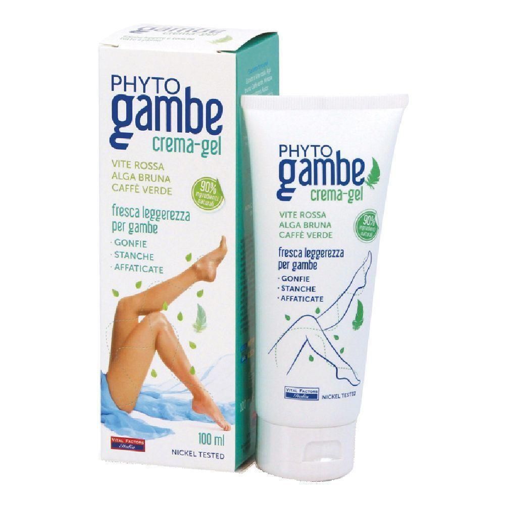 Tubo e scatola Phytogambe Crema-Gel con illustrazione di gambe e informazioni sul prodotto.