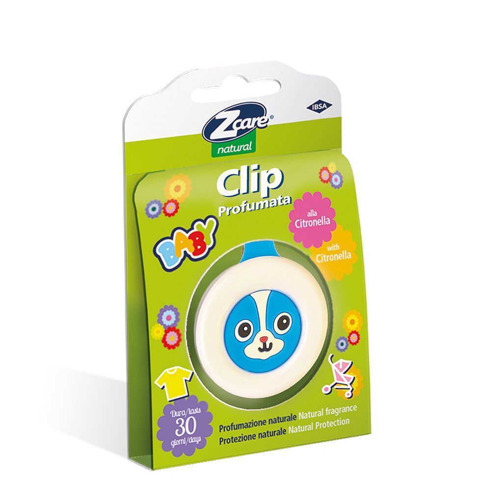 Clip Z Care Natural Baby con design di cane blu, profumato alla citronella.
