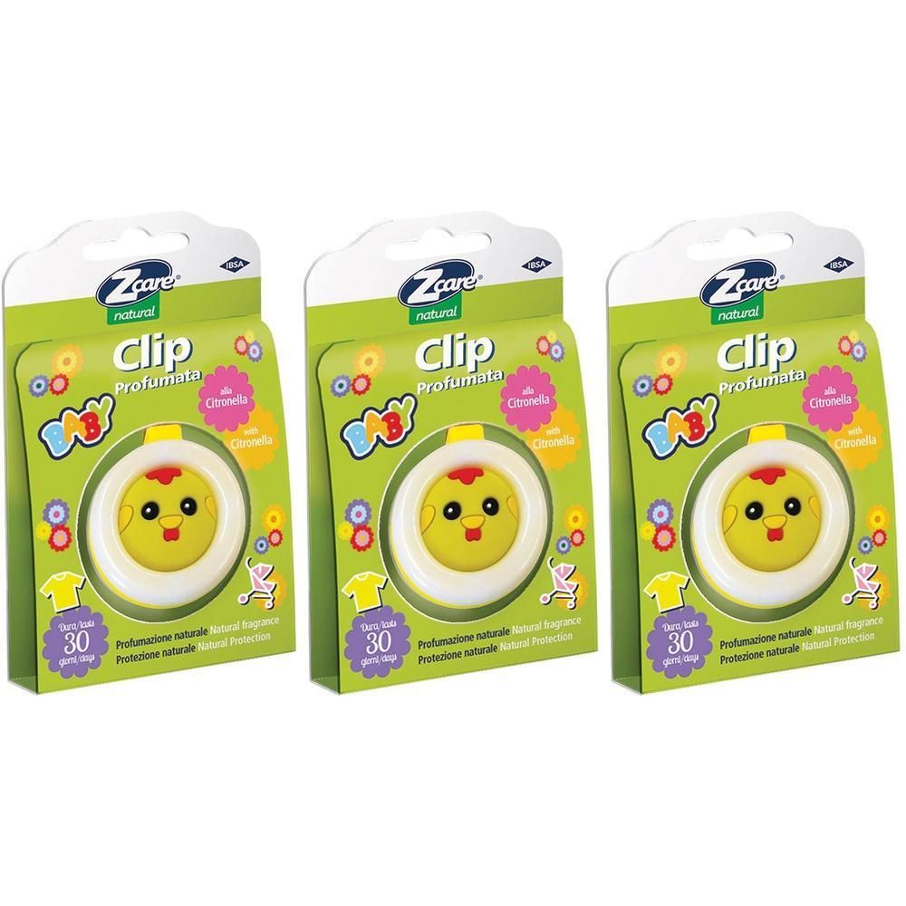Tre clip Z Care Baby alla citronella in confezioni singole. Clip rotonde con disegni di animali.