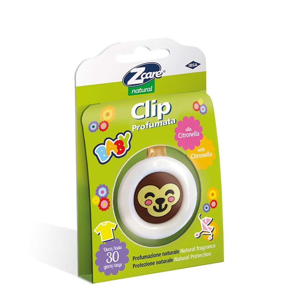Clip Z Care Baby alla citronella in confezione singola. Clip rotonda con disegno di scimmia.