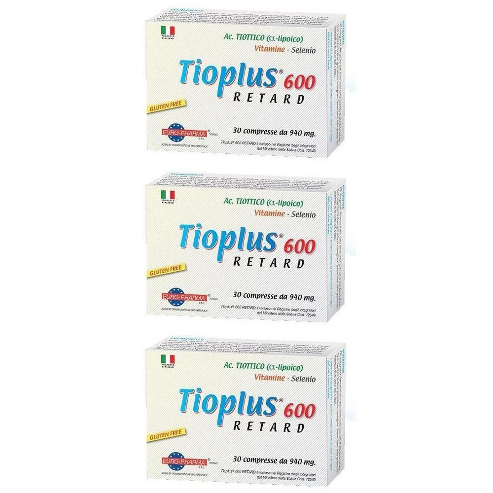 Tre scatole di Tioplus 600 Retard, 30 compresse ciascuna. Senza glutine.