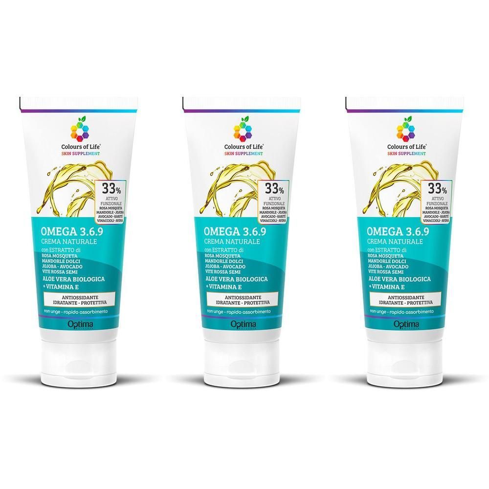 Tre tubi di Crema Omega 3.6.9 Colours of Life con Aloe Vera e Vitamina E.